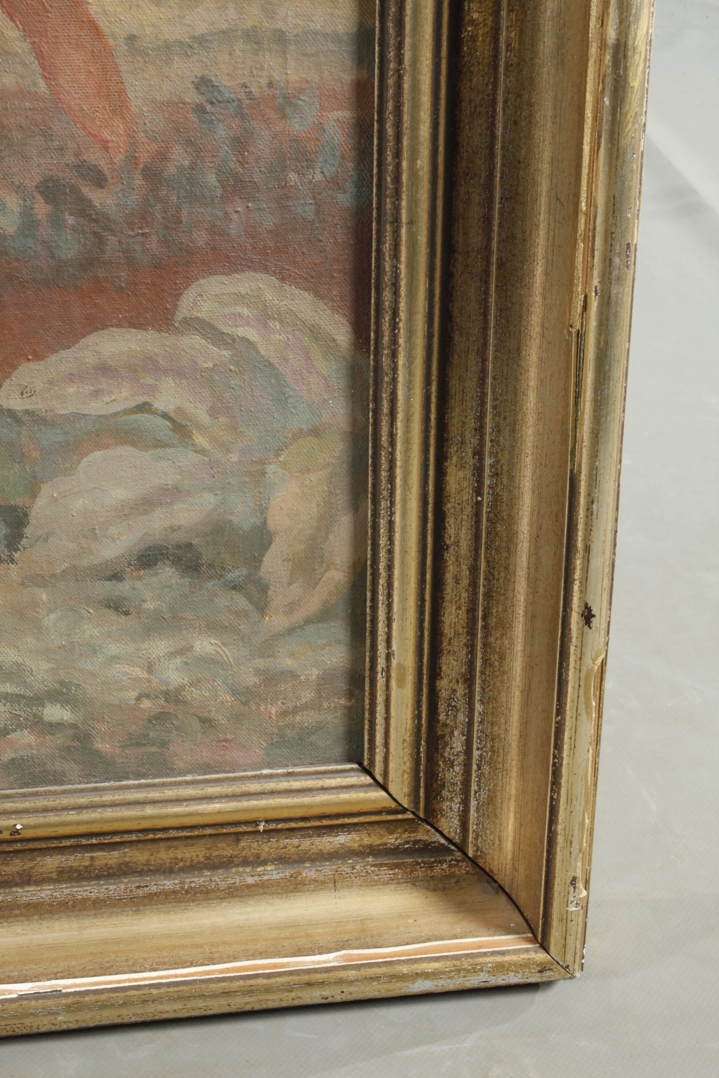 A classical painting of a reclining woman in a pastoral landscape with mythological figures in the distance.