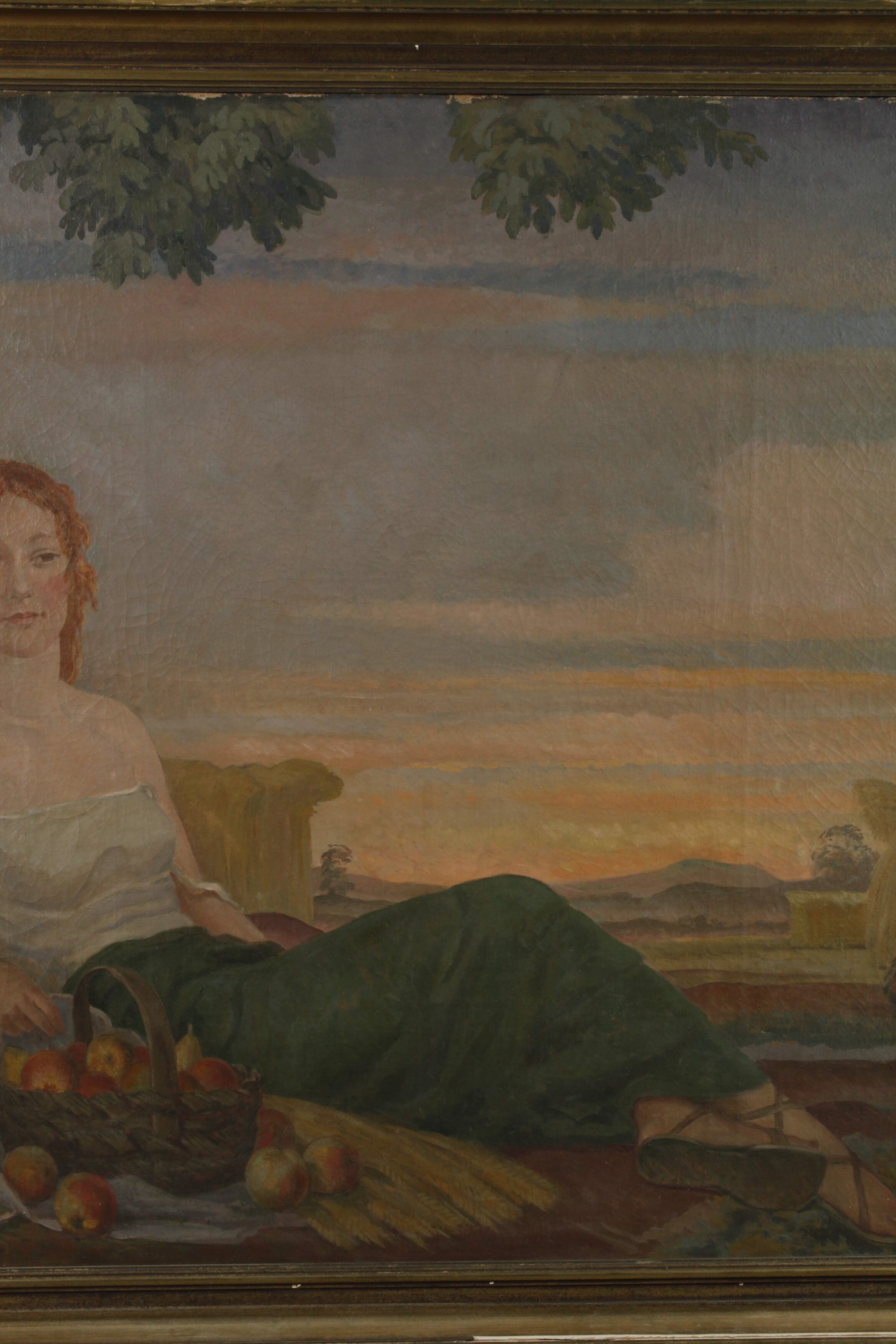 A classical painting of a reclining woman in a pastoral landscape with mythological figures in the distance.