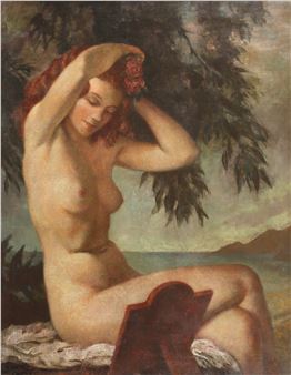 A classical painting of a nude figure seated under foliage, holding a red rose.