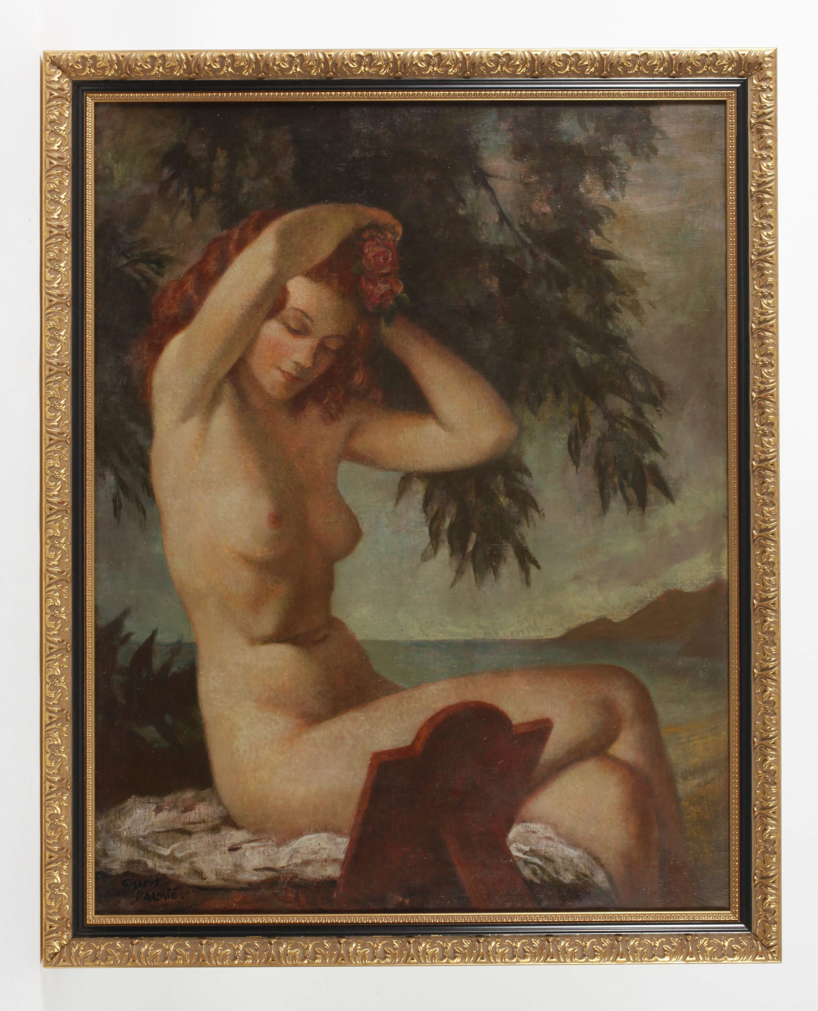 A classical painting of a nude figure seated under foliage, holding a red rose.