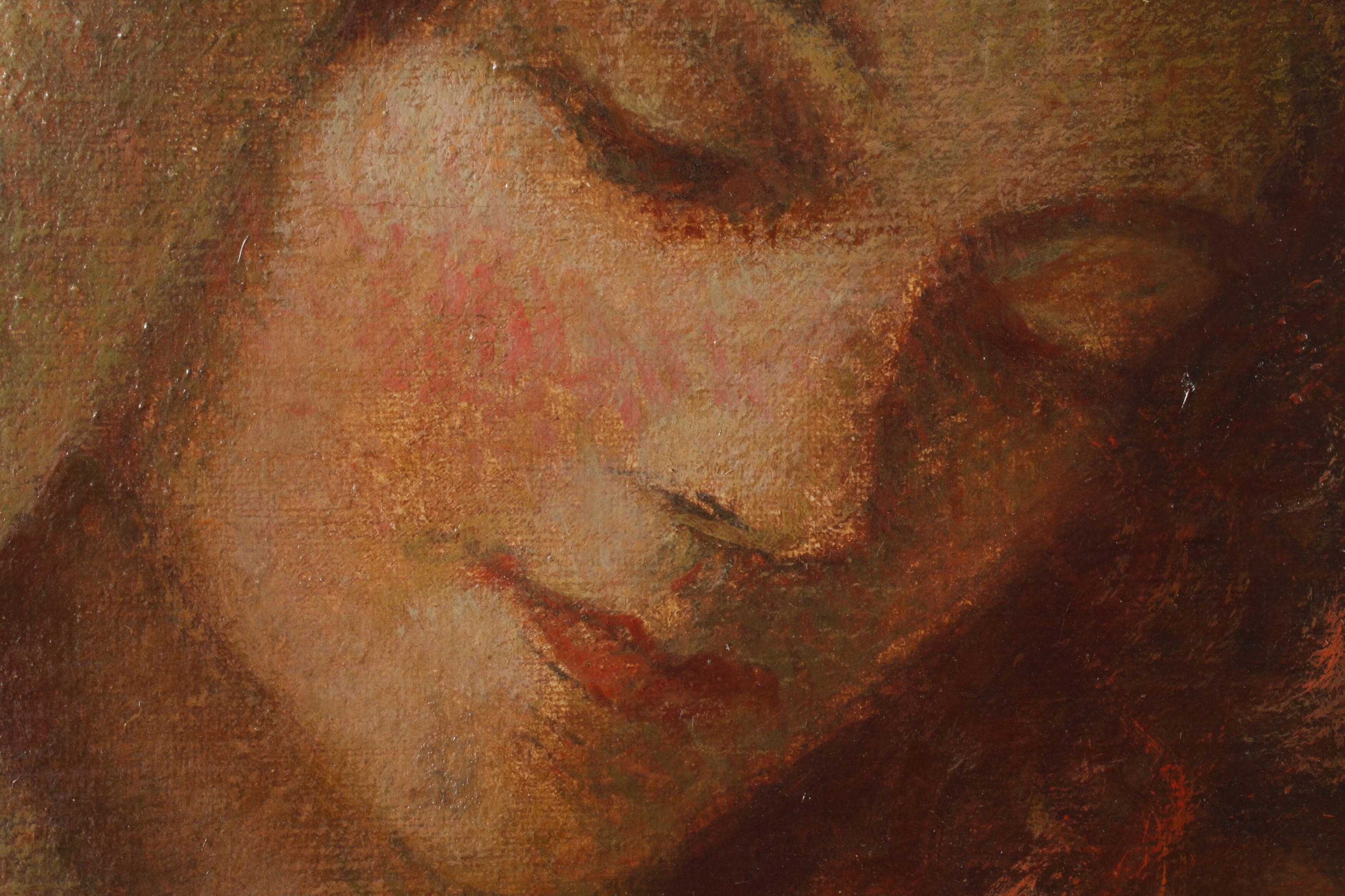A classical painting of a nude figure seated under foliage, holding a red rose.