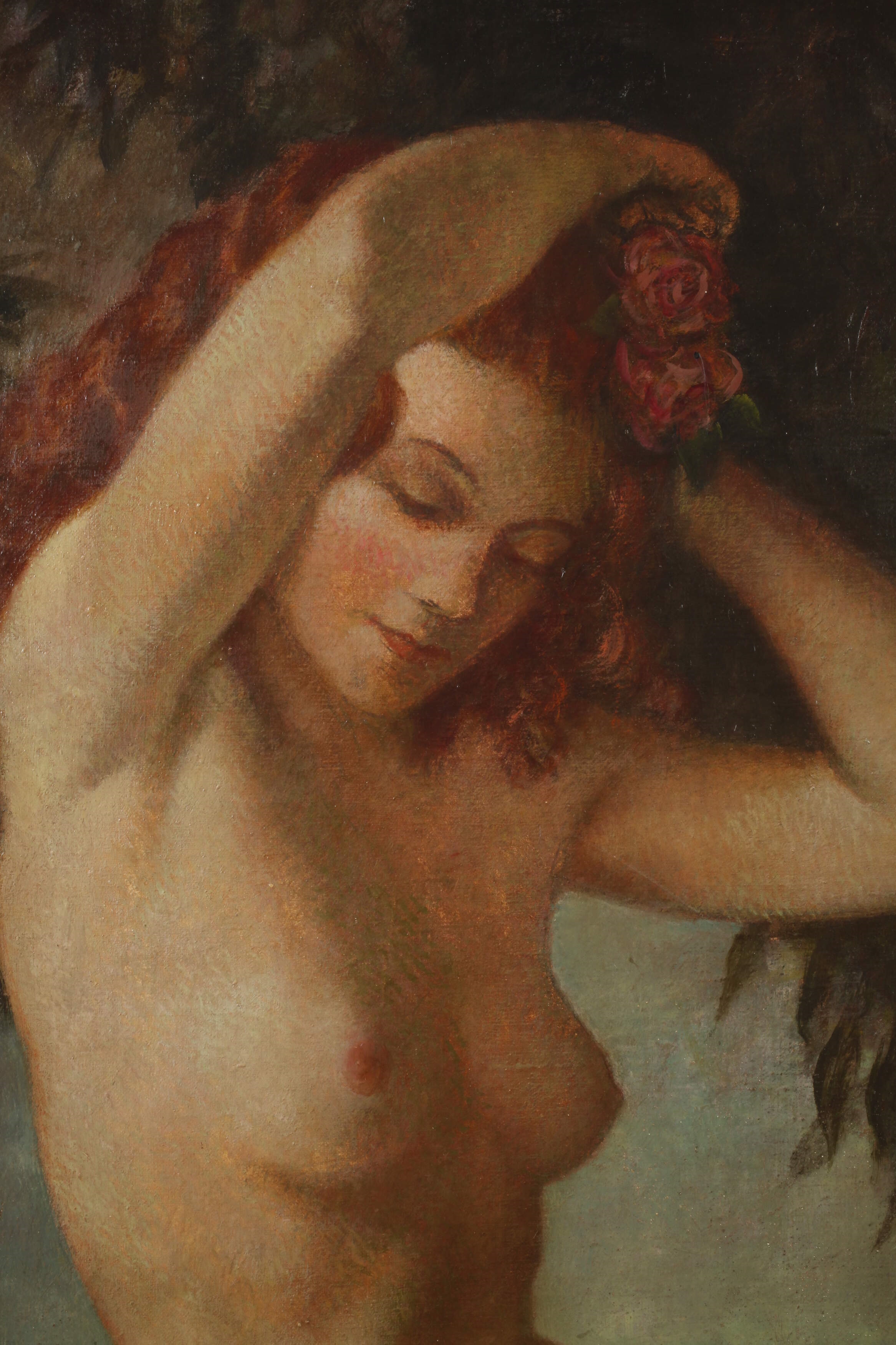 A classical painting of a nude figure seated under foliage, holding a red rose.