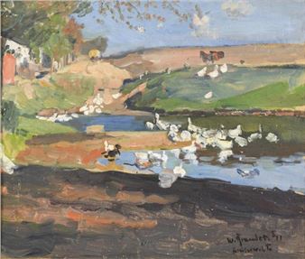 A painting of geese in a field near a body of water.