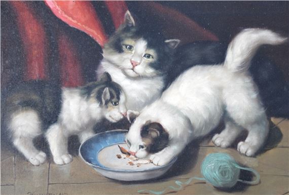Henry Roland | Framed oil on canvas painting of three cats | MutualArt