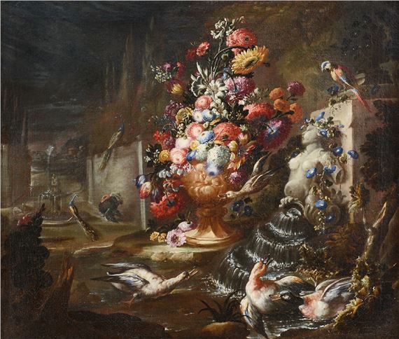 Fountain with classical sculptures and vase with cascading flowers, fig tree, and grapevines with flying herons - Nicola Casissa