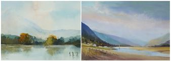 A diptych of serene water landscapes featuring distant mountains, calm waters, and atmospheric skies.