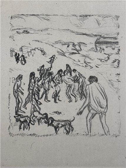 A sketch of a group of figures dancing in a field with dogs.