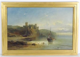 A seascape painting featuring a castle on a cliff, boats in the water, and a rocky shoreline.