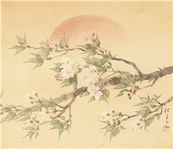 A painting of a branch with white flowers and green leaves.
