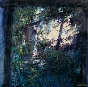 a painting of an old building in the woods