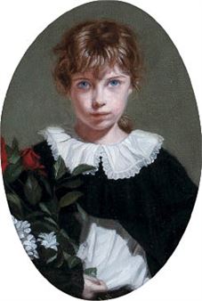 A formal portrait of a young figure in dark clothing holding a bouquet of flowers.