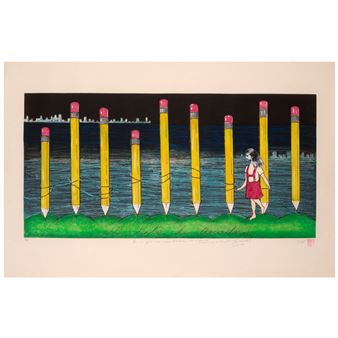 A surreal scene where a figure walks among giant yellow pencils on a grassy field.