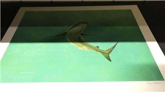A realistic print of a large fish swimming in green water.