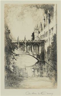 A monochromatic etching of a stone bridge over a canal, flanked by tall buildings and trees.