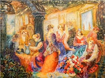 A vibrant Impressionist painting of women in a sunlit salon.