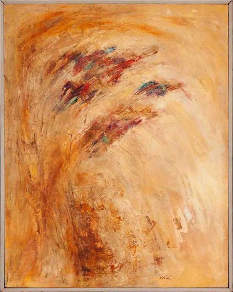An abstract expressionist painting featuring swirling warm tones and fragmented colorful shapes.