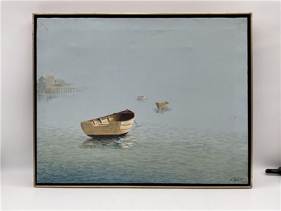 A serene seascape painting featuring a small boat floating on calm waters with distant land and other vessels.