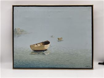 A serene seascape painting featuring a small boat floating on calm waters with distant land and other vessels.