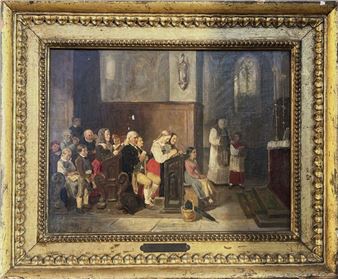 A painting of a group of people in a church.