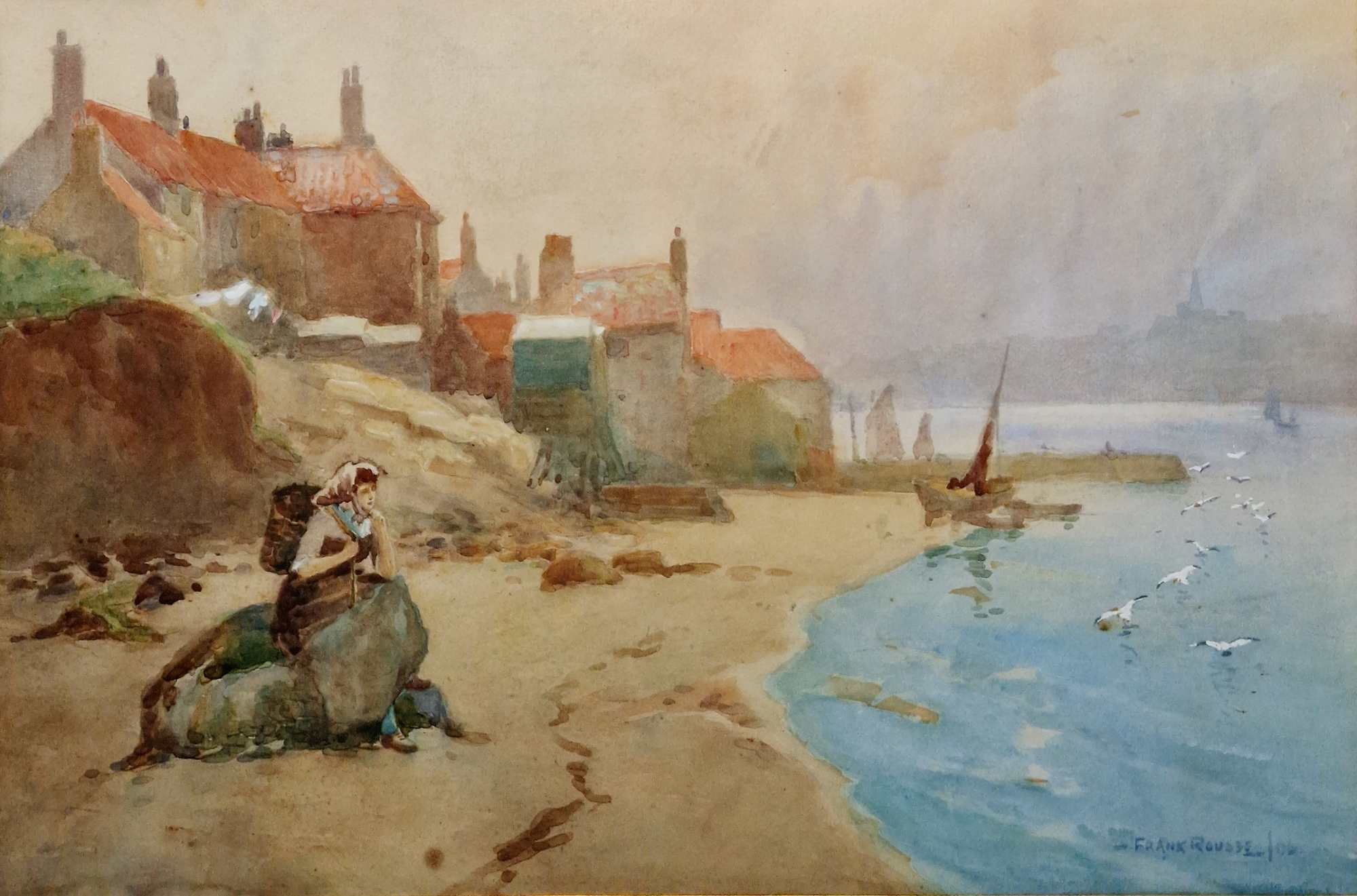 Frank Rousse | Coastal scene with fisherwoman sat on rock (1906 ...