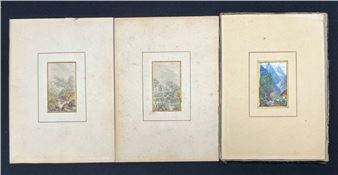 A triptych of small framed landscape paintings displayed side-by-side.