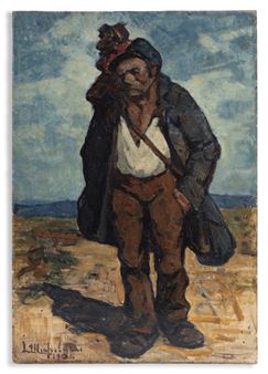 A painting of a man carrying a child on his back.