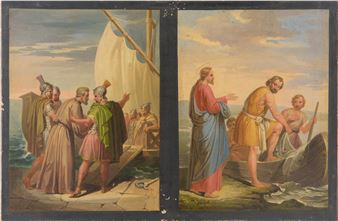 A painting of a group of people on a boat in the ocean.