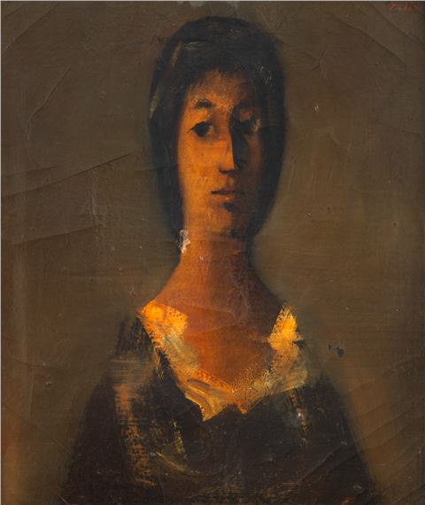 A somber portrait of a figure with a dark head covering and a brightly lit collar against a muted background.