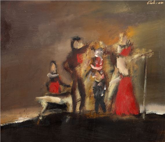 A group of figures in a dimly lit, abstract composition with bold red accents against a dark background.