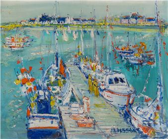 A painting of boats docked at a marina on a sunny day.