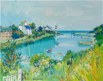 A painting of boats in a harbor with houses in the background.