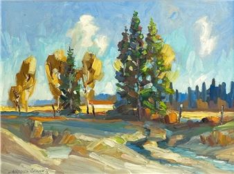 A vibrant landscape painting featuring a river, trees, and distant buildings under a bright sky.