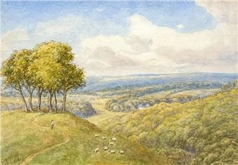A pastoral watercolor landscape featuring a lone figure and sheep on a grassy hill overlooking rolling countryside.
