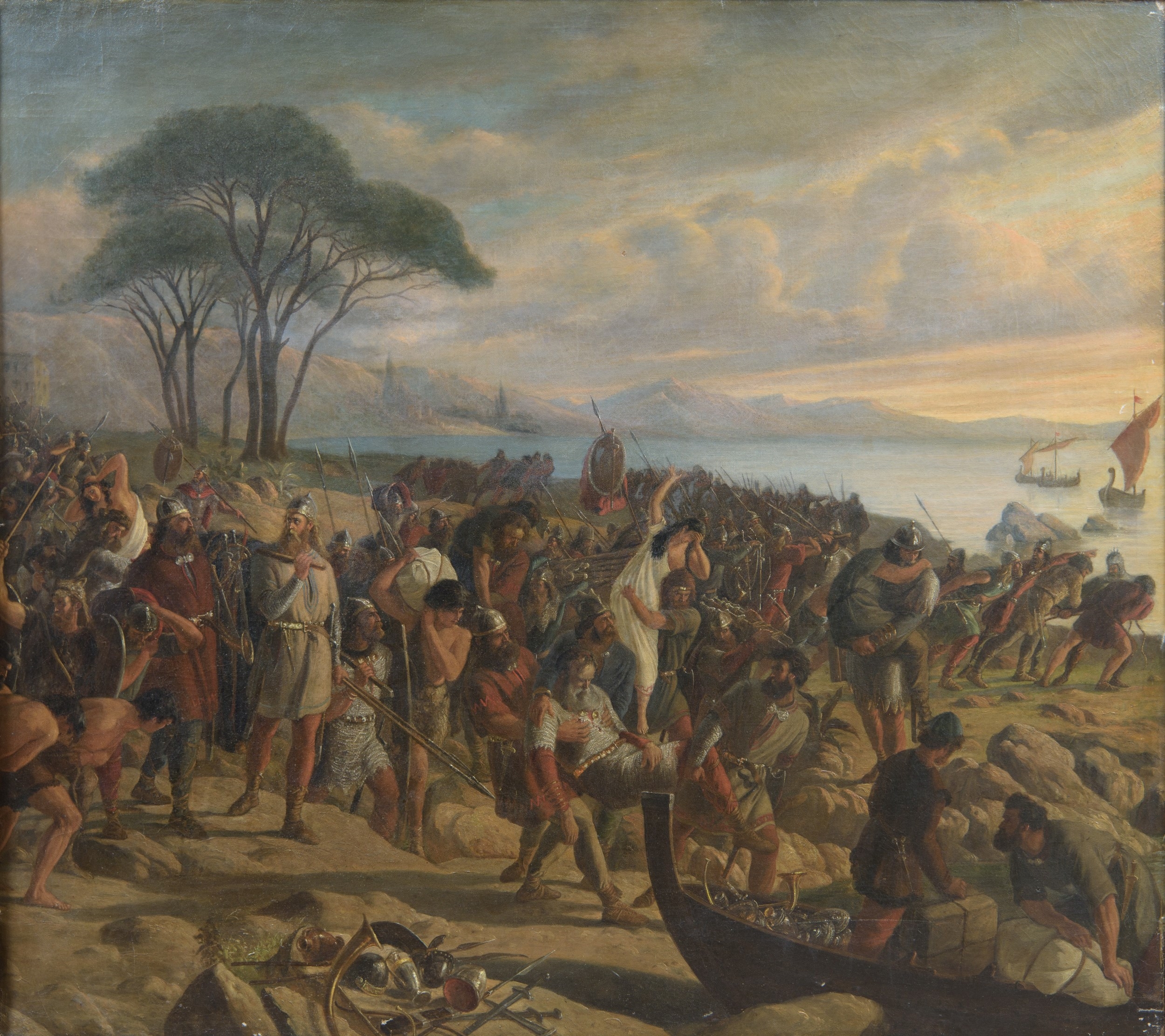 A chaotic historical battle scene depicting a large group of soldiers and figures on a rocky shore near the sea.