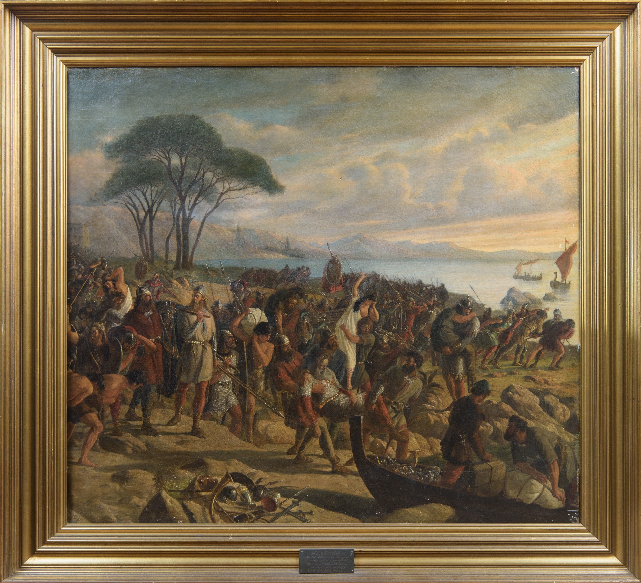 A chaotic historical battle scene depicting a large group of soldiers and figures on a rocky shore near the sea.