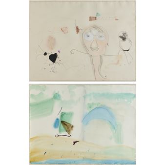 A diptych of abstract watercolor and ink drawings featuring a stylized face, floating shapes, and a landscape with soft washes of color.