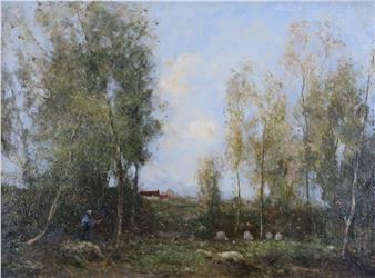 A painting of a wooded area with trees and a house in the distance.