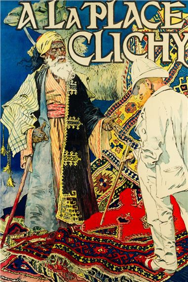 A vibrant poster featuring a bearded figure in exotic robes standing beside a man in white, surrounded by colorful rugs.