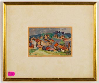 A small framed landscape painting of a village nestled in rolling hills.
