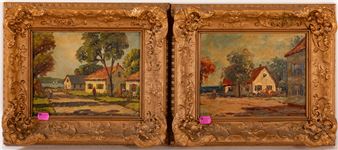 A diptych of rustic village scenes in ornate frames.