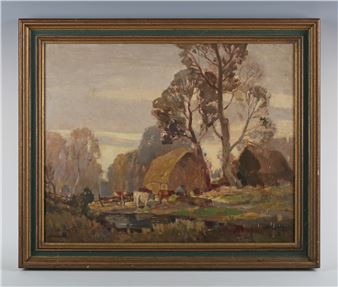 A pastoral landscape painting featuring rustic huts, grazing cattle, and a serene rural setting.