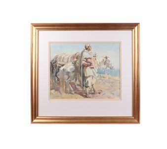 A framed watercolor painting of a figure in robes standing beside a pack animal against a hazy landscape.