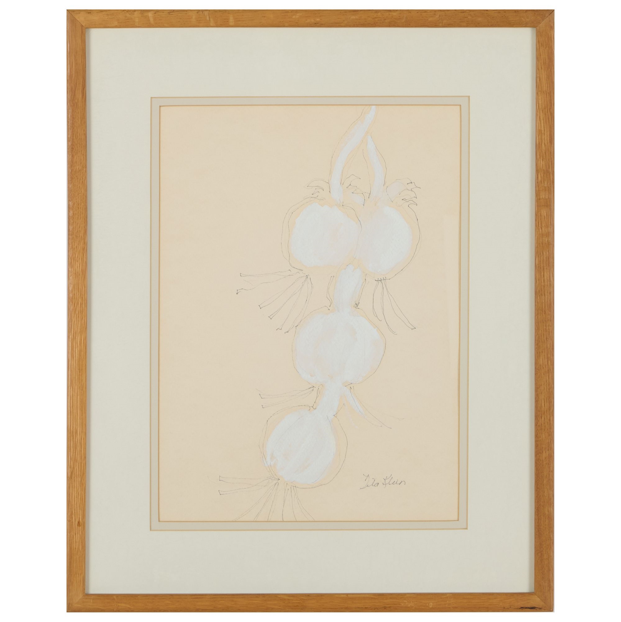 A stylized botanical illustration of a white root vegetable with green leafy tops, framed in wood.