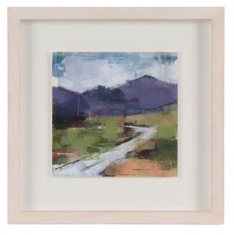 A framed landscape painting featuring a winding road through green fields toward distant purple mountains.