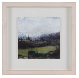 A framed landscape painting featuring a moody, atmospheric scene of hills and fields under an overcast sky.