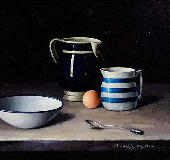 A still life painting featuring a blue pitcher, striped mug, bowl, egg, and spoon against a dark background.