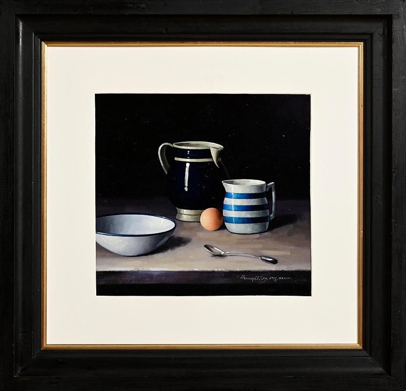 A still life painting featuring a blue pitcher, striped mug, bowl, egg, and spoon against a dark background.