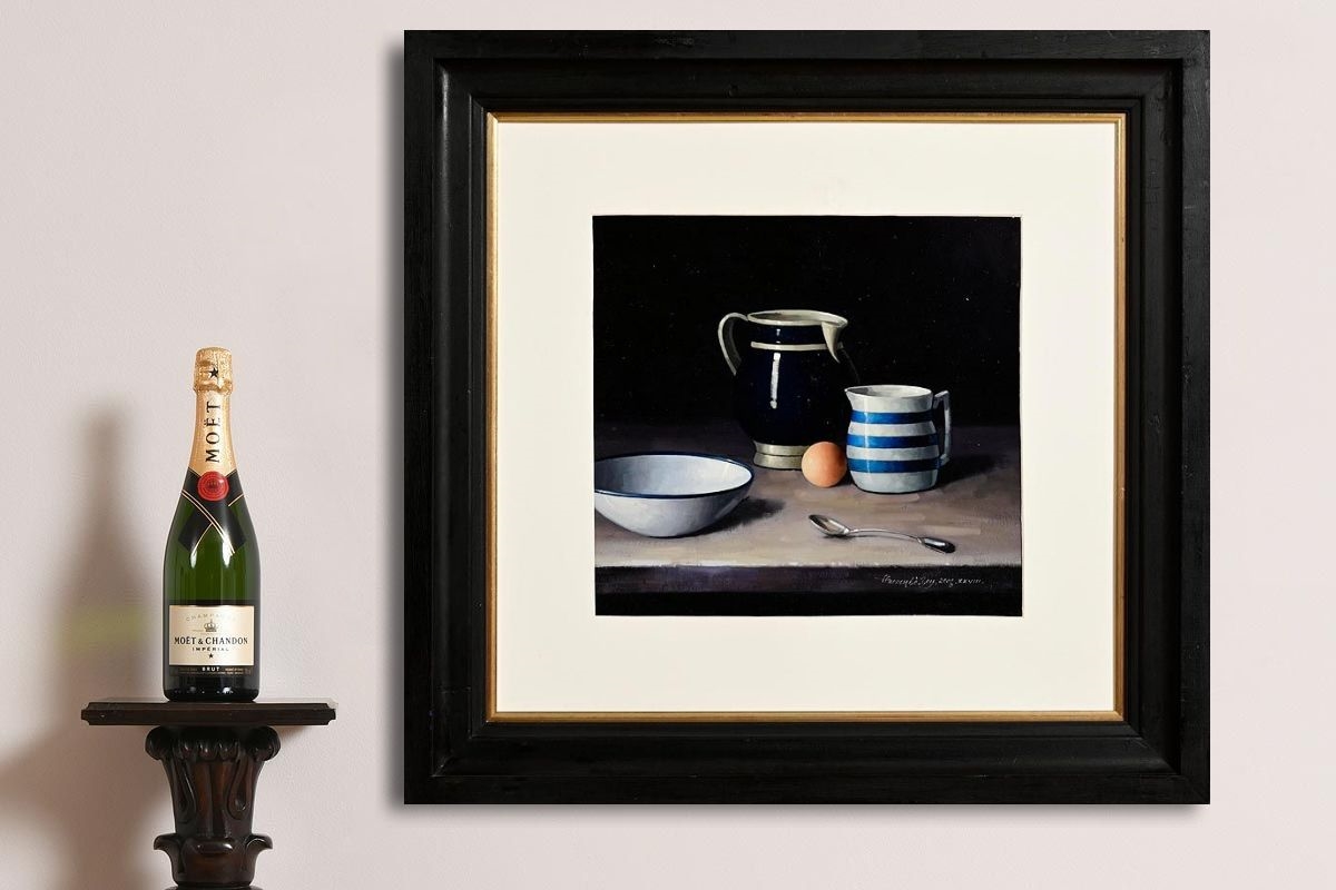 A still life painting featuring a blue pitcher, striped mug, bowl, egg, and spoon against a dark background.
