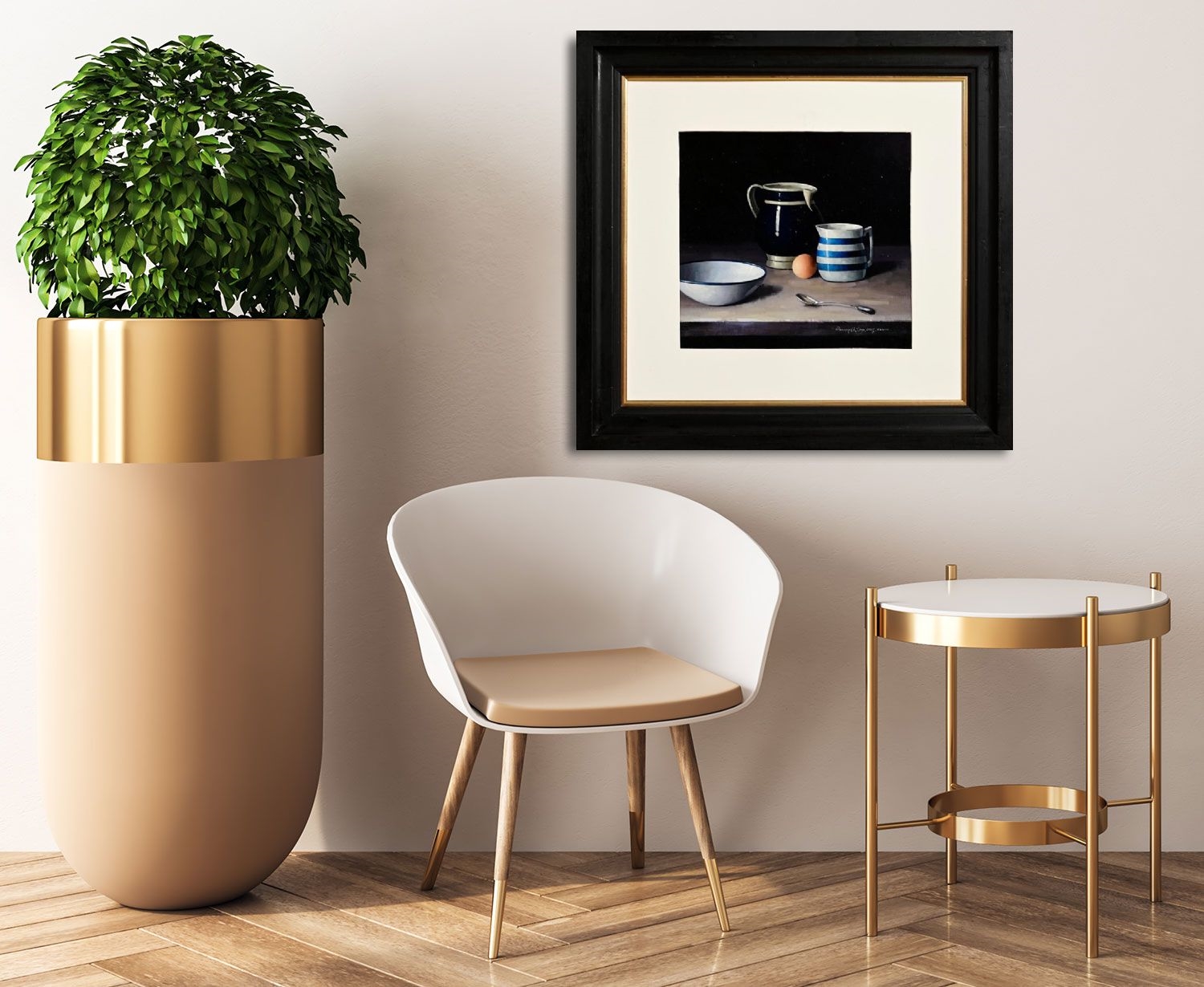 A still life painting featuring a blue pitcher, striped mug, bowl, egg, and spoon against a dark background.