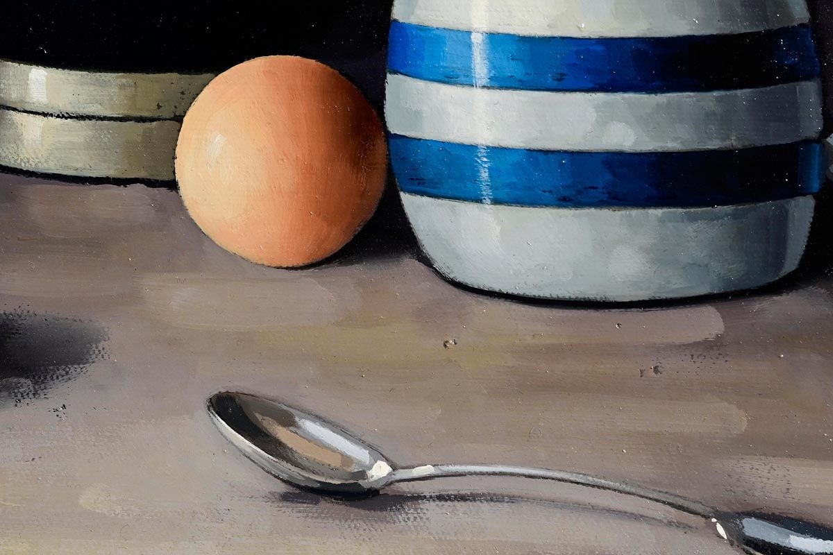 A still life painting featuring a blue pitcher, striped mug, bowl, egg, and spoon against a dark background.